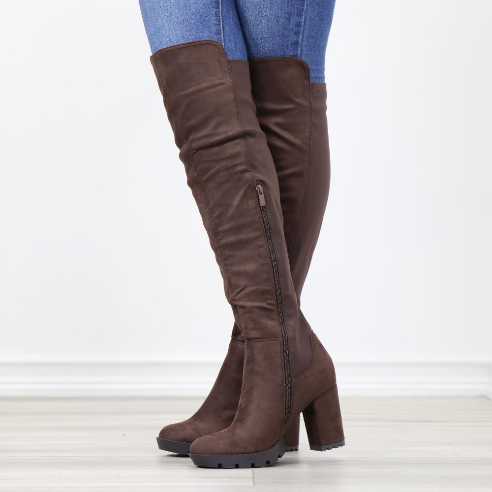 Brown Thigh High Over The Knee Lug Block Heel Boots Faux Suede Round Toe - Picture 11 of 16